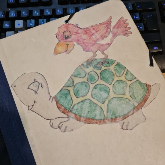 Eine Mappe liegt auf einer Tastatur, aufgeklebt ist eine ausgemalte Zeichnung, die eine Schildkröte zeigt, auf deren Panzer ein Vogel sitzt.