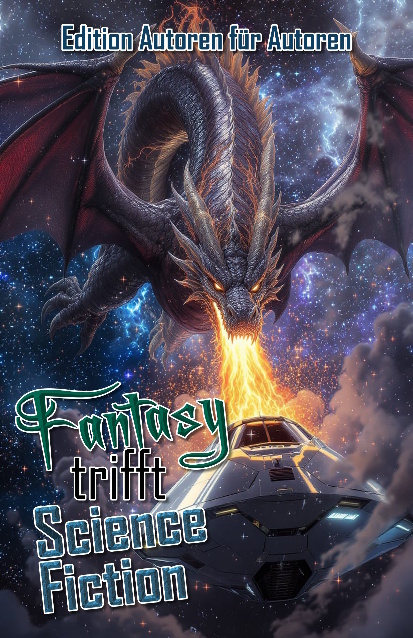 Im Hintergrund attackiert ein im Weltall fliegender Drache ein Raumschiff mit einem Feuerstrahl aus seinem Maul. Schrift im Vordergrund: Edition Autoren für Autoren. Fantasy trifft Science Fiction.